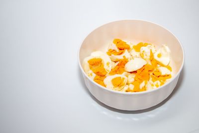 High angle view of breakfast served on table