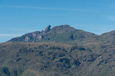 Scenic view of mountains against blue sky