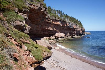 Scenic view of cliff by sea against clear sky