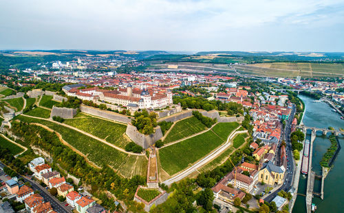 High angle shot of townscape against sky