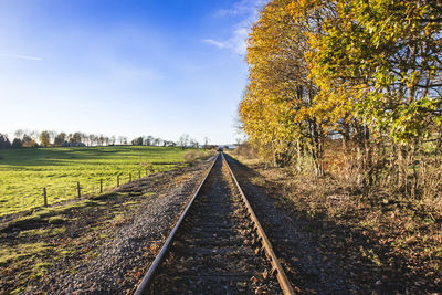 Surface level of railroad track amidst trees against sky