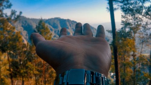 Cropped hand of man against mountains