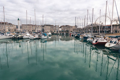 Sailboats moored in harbor