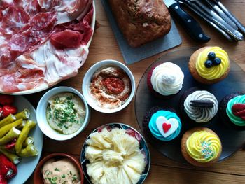 High angle view of various food on table