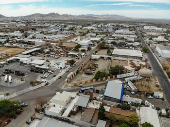 Aerial view of street and buildings in city