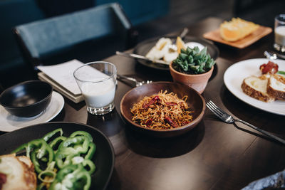 High angle view of food served on table