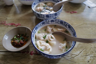 High angle view of soup in bowl on table