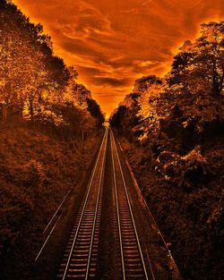 Railroad tracks amidst trees against sky during sunset