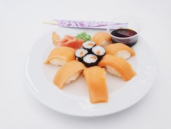 High angle view of sushi served in plate