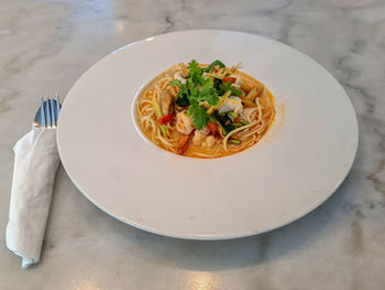 High angle view of food in plate on table