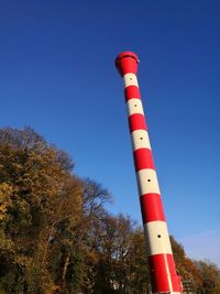 Low angle view of red lighthouse against clear blue sky