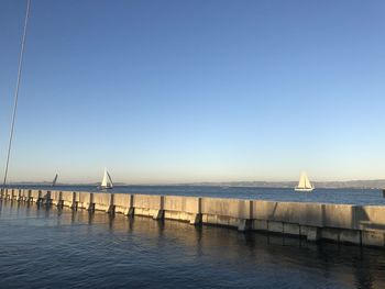 Scenic view of sea against clear blue sky