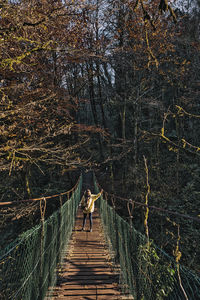 Rear view of woman on footbridge in forest