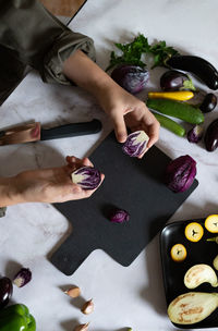 High angle view of food on table