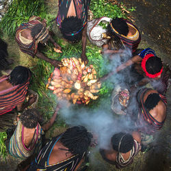 High angle view of people cooking