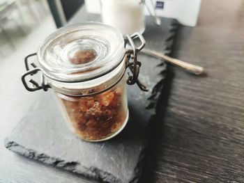 High angle view of drink in jar on table