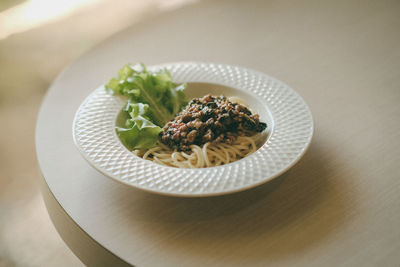 High angle view of food in plate on table