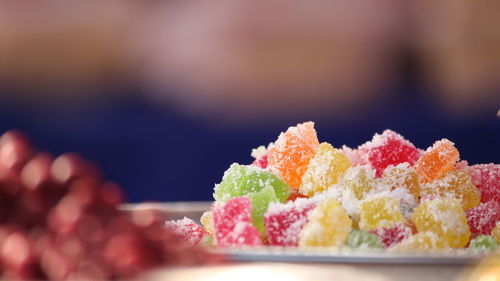 Close-up of colorful sweet food on table