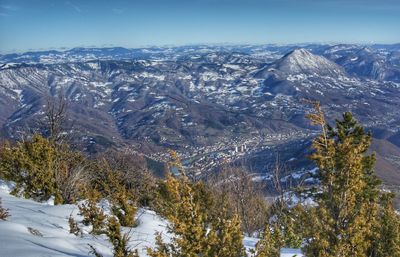 Aerial view of snowcapped mountains against sky on city priboj