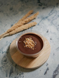 High angle view of chocolate dessert on table