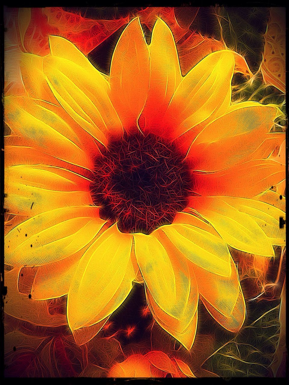 transfer print, flower, flower head, auto post production filter, petal, fragility, freshness, close-up, yellow, single flower, beauty in nature, pollen, growth, nature, plant, stamen, orange color, blooming, sunflower, natural pattern