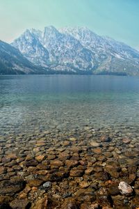 Scenic view of lake and mountains against sky