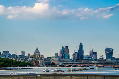 River in city against sky