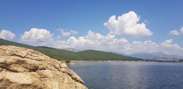 Scenic view of lake and mountains against sky