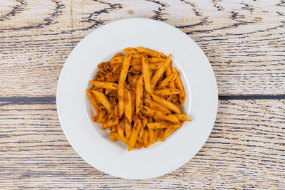 High angle view of food in plate on table