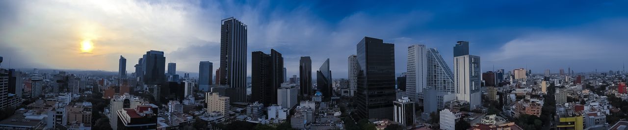 City skyline at sunset