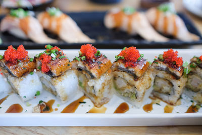 Close-up of sushi served in plate