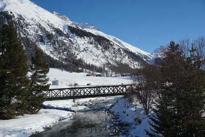 Scenic view of snow covered mountains against clear sky