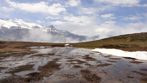 Scenic view of snowcapped mountains against sky