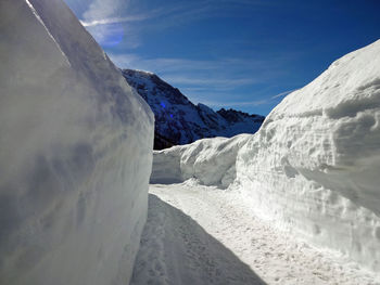 Scenic view of snow covered mountains against sky