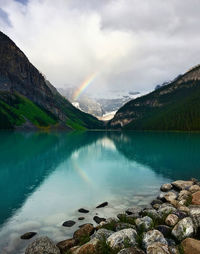 Panoramic view of rainbow over lake and mountains