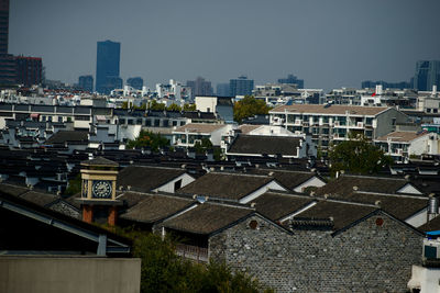 High angle view of buildings against clear sky