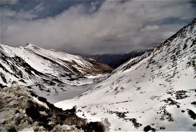 Scenic view of snow covered mountains against sky