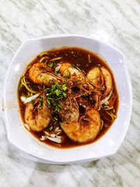 High angle view of soup in bowl on table