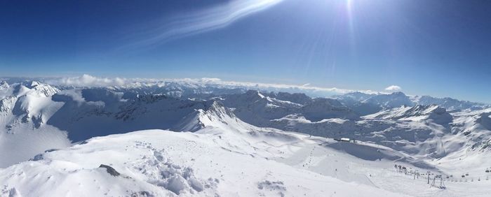Panoramic view of snowcapped mountains against sky