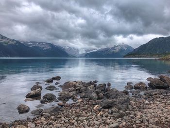 Scenic view of lake and mountains against sky