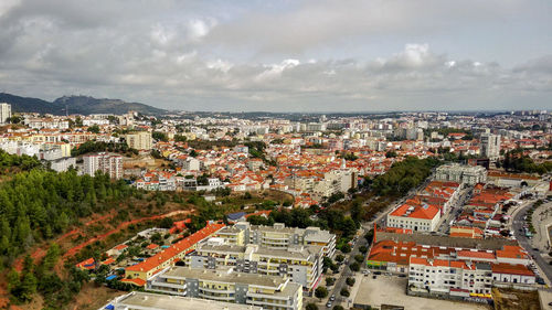 High angle shot of townscape against sky