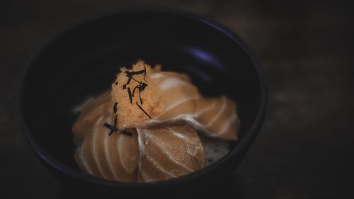 High angle view of drink in glass on table