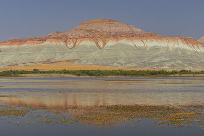 Scenic view of lake by mountain against sky