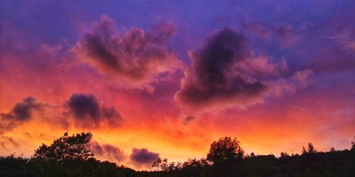 Low angle view of silhouette trees against dramatic sky