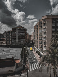 High angle view of buildings against sky