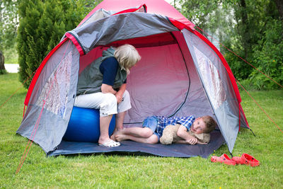 Two people in tent