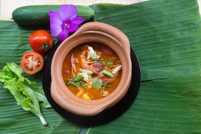 High angle view of vegetables in bowl on table