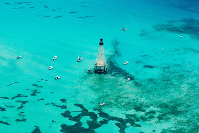 High angle view of boats in sea