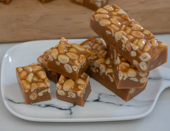 High angle view of dessert in plate on table