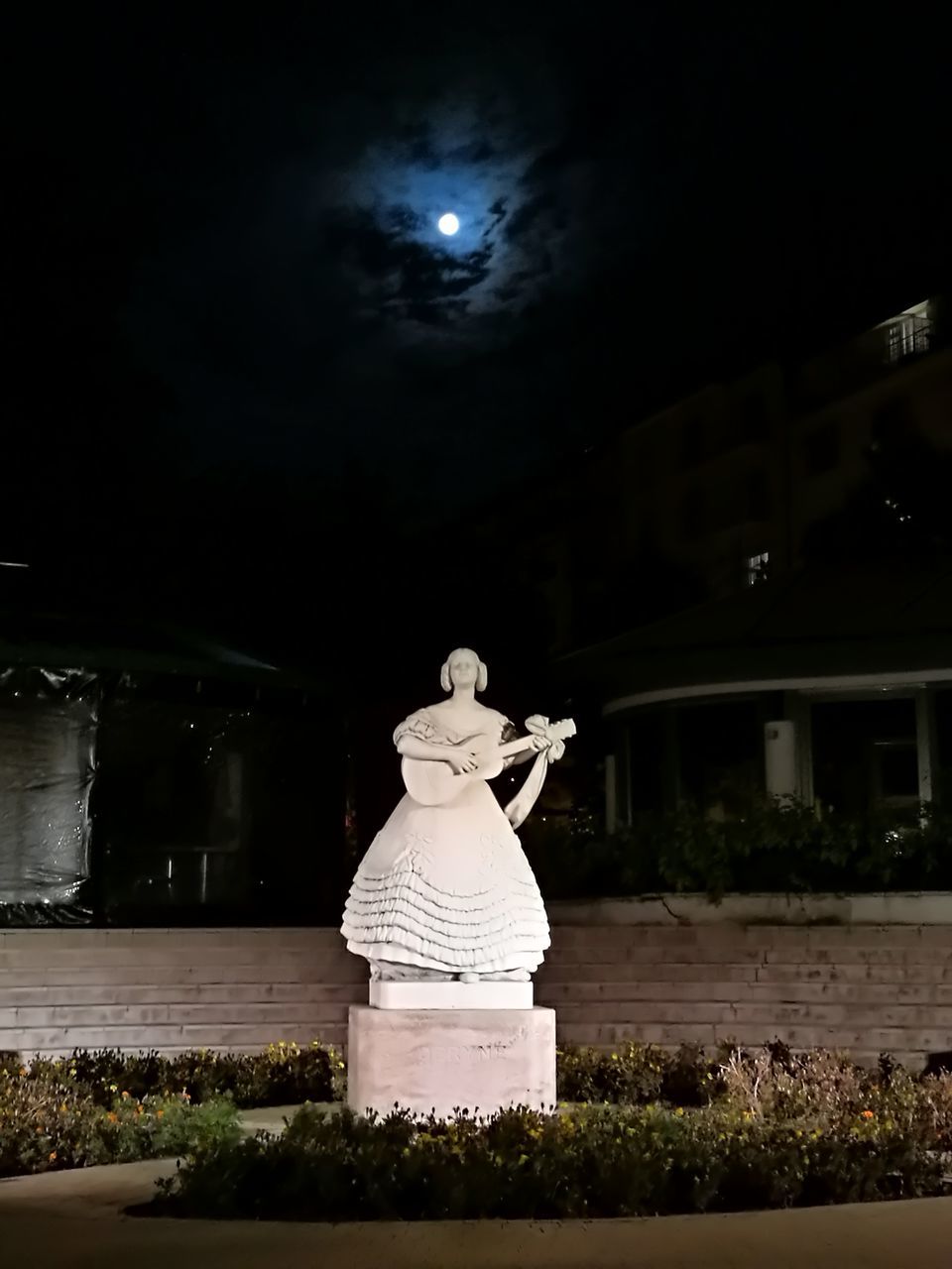 REAR VIEW OF STATUE AGAINST SKY AT NIGHT